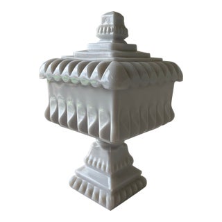Vintage White Milk Glass Candy Dish With Lid – Geometric Pedestal Design For Sale