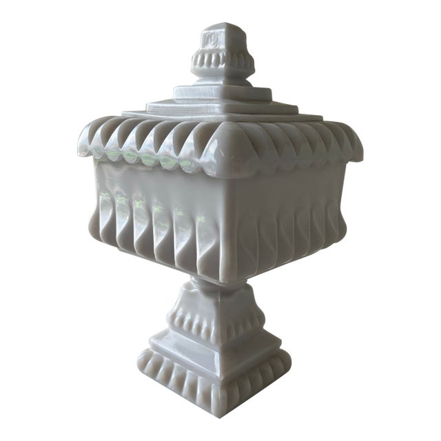 Vintage White Milk Glass Candy Dish With Lid – Geometric Pedestal Design For Sale