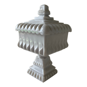 Vintage White Milk Glass Candy Dish With Lid – Geometric Pedestal Design
