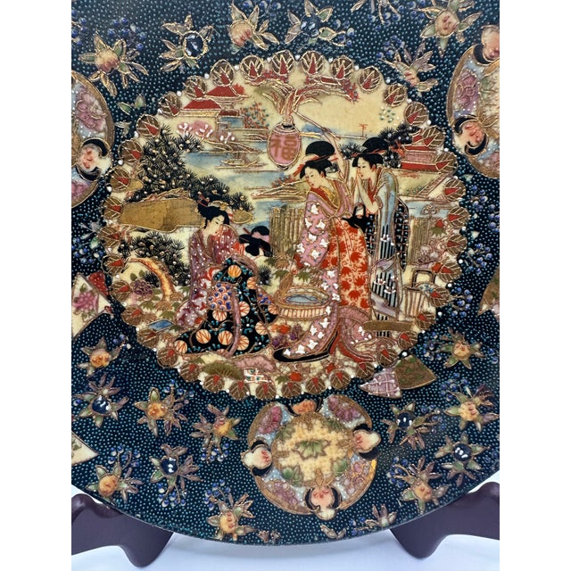 Vintage Japanese Royal Satsuma Hand-Painted Earthenware Decorative Charger For Sale - Image 9 of 12