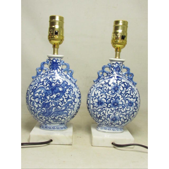 Pair of Chinese Blue and White Porcelain Moon Flask Shaped Lamps For Sale - Image 9 of 15