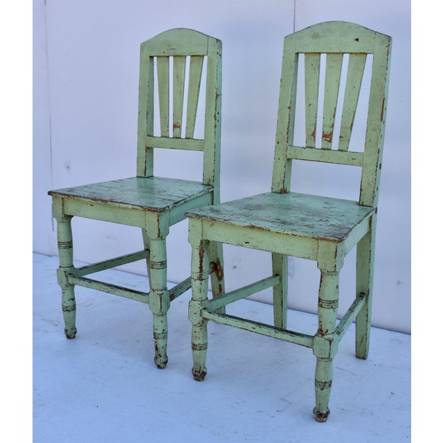 Rustic European Pair of Painted Pine Plank-Seat Chairs For Sale - Image 3 of 8