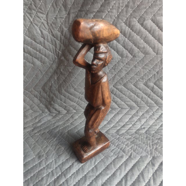 Tribal Hand Carved African Tribal Wooden Man With Drum on Head For Sale - Image 3 of 6