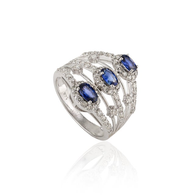 Mid-Century Modern 1 Ct Blue Sapphire & Diamond Multi Row Statement Ring Size 7 in 14k White Gold For Sale - Image 3 of 16