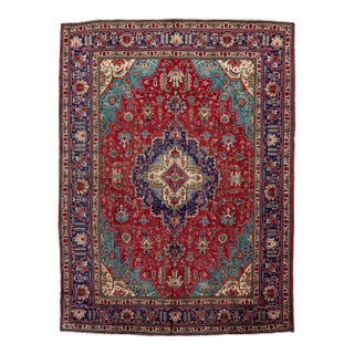 Red Vintage Tabriz Hand-Knotted Wool Rug With Medallion Pattern For Sale
