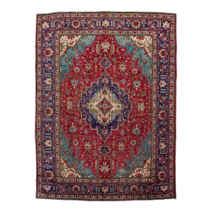 Red Vintage Tabriz Hand-Knotted Wool Rug With Medallion Pattern
