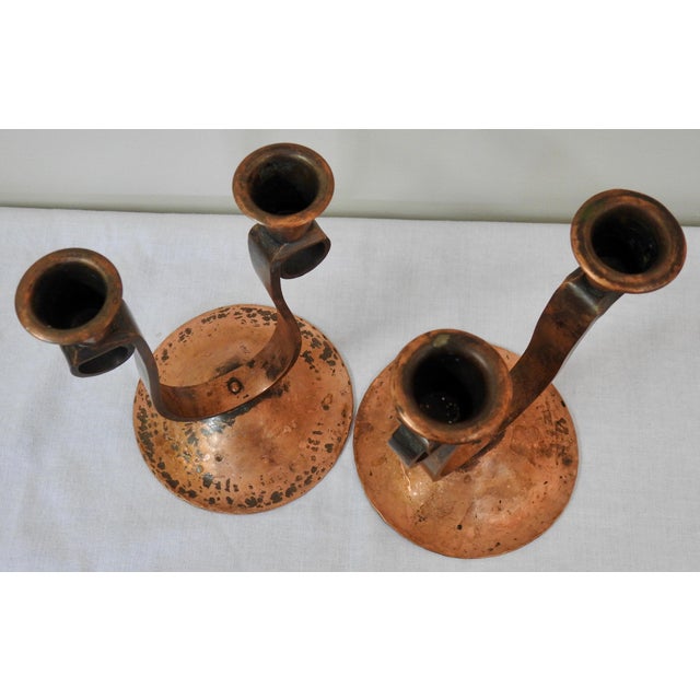 Mid Century Handmade Hammered Copper Double Candlesticks - a Pair For Sale - Image 10 of 13