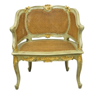 Vintage French Louis XV Style Green Painted Gold Gilt Cane Bergere Arm Chair For Sale