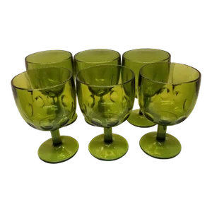 Vintage Bartlett Collins Footed Green Glass Goblets With Thumbprint, Set of Six