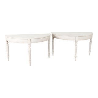 Pair, 19th Century Swedish White Painted Large Demi Lune Consoles Side Tables For Sale