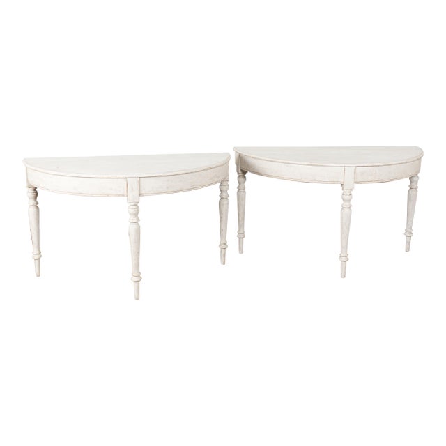 Pair, 19th Century Swedish White Painted Large Demi Lune Consoles Side Tables For Sale
