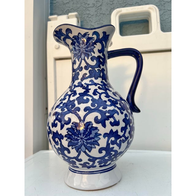 Shabby Chic Vintage Blue and White Ceramic Pitcher For Sale - Image 3 of 6