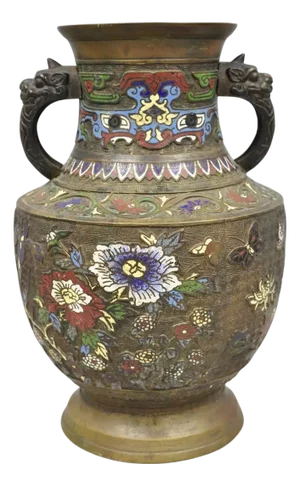 Antique Japanese Champleve Cloisonne Enamel Bronze Twin Handle 14" Vessel Vase
