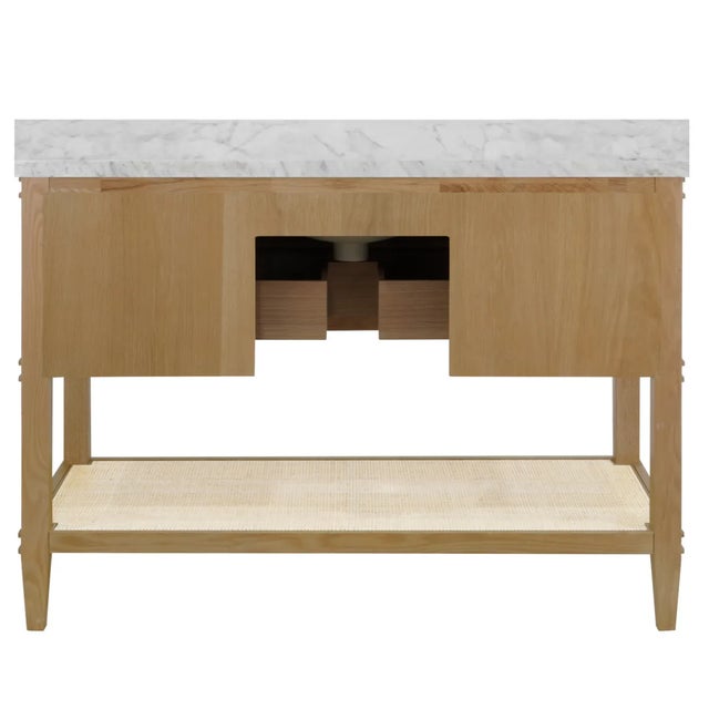 Worlds Away Matthew Izzo Home Cutler 48" Cerused Oak Two Drawer Single Sink Bath Vanity With Open Cane Shelf and Brass Drawer Pulls For Sale - Image 4 of 7