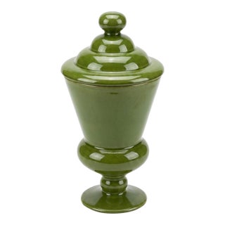 Vintage Glossy Olive Green Ceramic Pedestal Urn With Lid For Sale