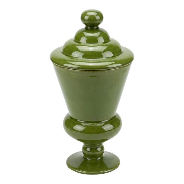 Vintage Glossy Olive Green Ceramic Pedestal Urn With Lid For Sale