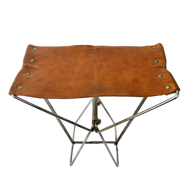 Little Industrial Brown Leather & Metal Folding Portable Stool For Sale - Image 9 of 9