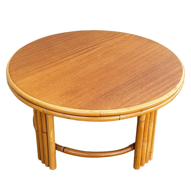 Mid-Century Modern 1940s Restored Mid-Century O-Base Round Costal Rattan End Table W/ Mahogany Top For Sale - Image 3 of 5