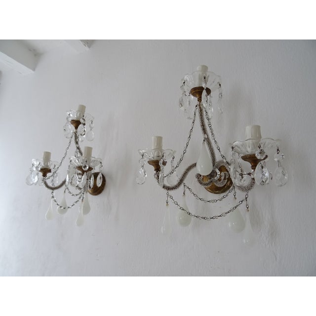 1900 French White Opaline Murano Drops Micro Beaded Crystal Sconces 3 Lights For Sale - Image 4 of 12