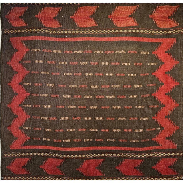 Vintage Baluch Sofreh Tribal Kilim, Handwoven Wool, Geometric Pattern, Brown & Red, 4’ X 4’ For Sale - Image 10 of 10