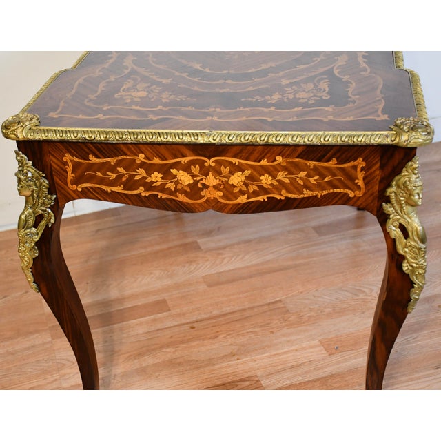 1900 Antique French Louis XV Walnut & Satinwood Inlay Writing Desk For Sale - Image 9 of 14