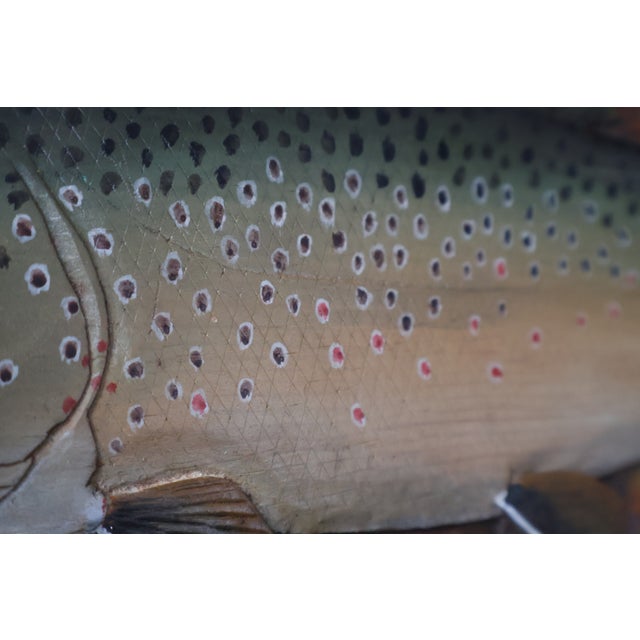 Brown 1977 Signed Carved Wood Trout Wall Sculpture, Attributed to Terry Hague For Sale - Image 8 of 18