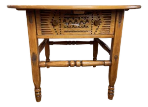 Late 20th Century Hand-Carved Rustic Folk Art Side Table With Drawer – Solid Wood, 35.5″ Round