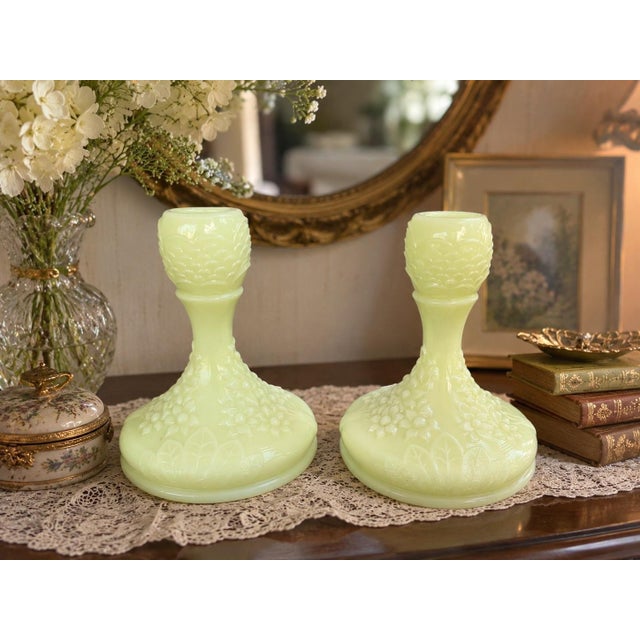 Hollywood Regency Vintage Fenton Orange Tree Blossom Custard Glass Candlesticks – Pair – Uv Reactive Vaseline Glass For Sale - Image 3 of 10