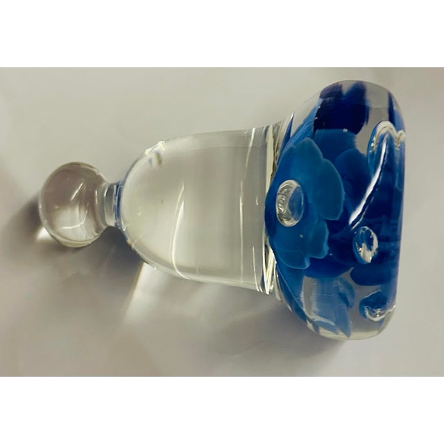 1950s Joe St. Clair Art Glass Bell Shaped Paperweight Blue Flowers Light and Navy Blue For Sale - Image 5 of 11