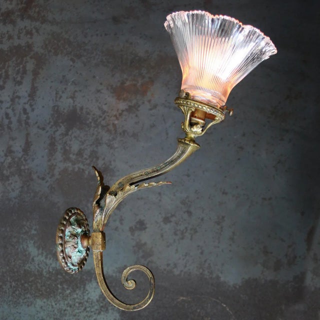 Gold Art Nouveau French Copper & Brass Holophane Glass Sconce For Sale - Image 8 of 9