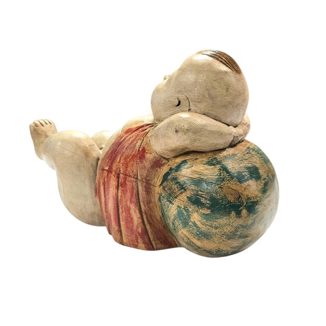 Vintage Chinese Hand-Carved Lucky Baby Sculpture on Melon 10.25" For Sale In San Francisco - Image 6 of 10