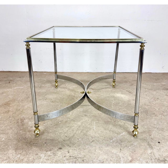 Mid-Century Modern Vintage Mid 20th Century Hollywood Regency Brass, Chrome & Glass Italian Side Tables—a Pair For Sale - Image 3 of 12