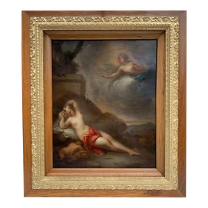 17th Century Antique Original Oil Painting on Canvas Goddess and Cherub, Framed