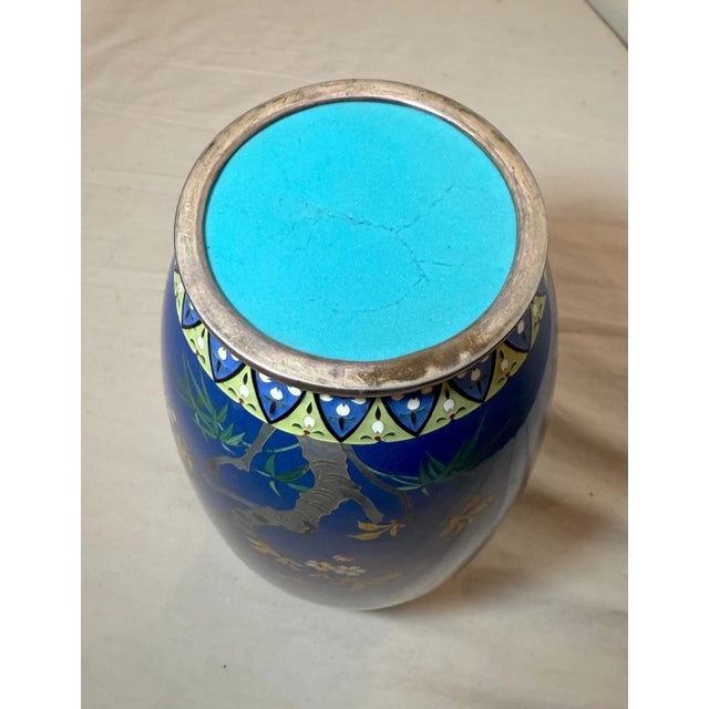 Fine Antique Sterling Silver Mounted Japanese Enameled Blue Cloisonne Vase For Sale - Image 10 of 15