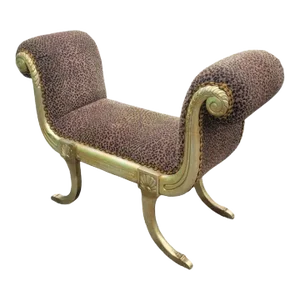 Vintage French Baroque Leopard Gold Silver Leaf Rolled Arm Claw Foot Ottoman Bench