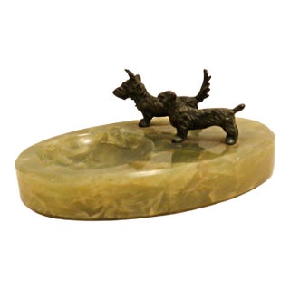 Art Deco Green Onyx & Bronze Double Scottie Tray C. 1930 For Sale