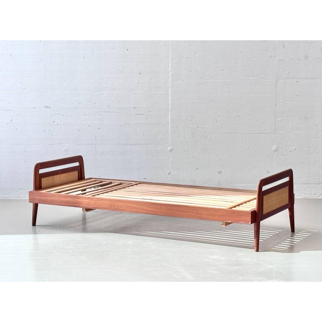 Wood Swiss Form Teak Bed with Rattan Weave, Switzerland, 1950s For Sale - Image 7 of 17