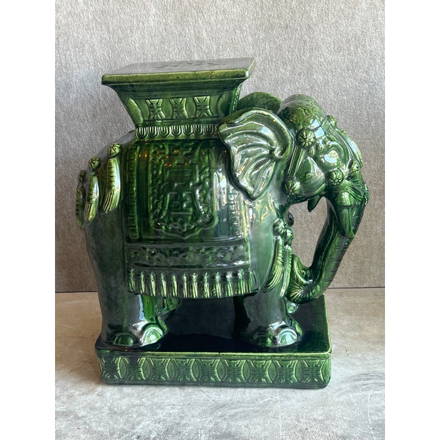 Hollywood Regency Late 20th Century Large Pair of Palm Beach Regency Style Green Glazed Ceramic Elephant Stands or Stools For Sale - Image 3 of 13