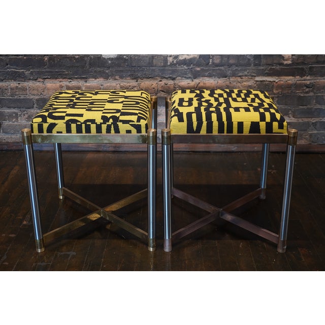 Weiman Co. Steel And Brass Upholstered Stools, Ca. 1970s, H 19" W 16" L 16" | Steel and brass frames with Gunnar Aagaard...