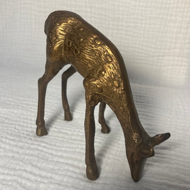 Vintage Mid-Century Solid Brass Grazing Deer/Fawn Figurine With Intricate Details For Sale - Image 4 of 11