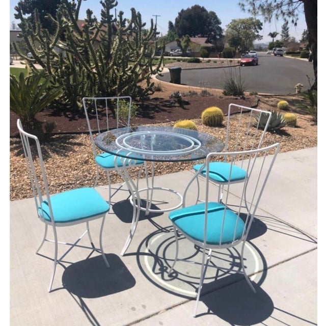 Vintage MidCentury Modern Wrought Iron Blue & White Patio Table & 4