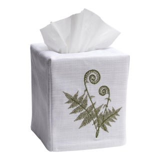 Fiddlewood Fern Tissue Box Cover in White Linen & Cotton, Embroidered For Sale