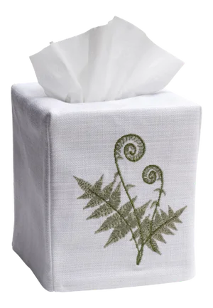 Fiddlewood Fern Tissue Box Cover in White Linen & Cotton, Embroidered