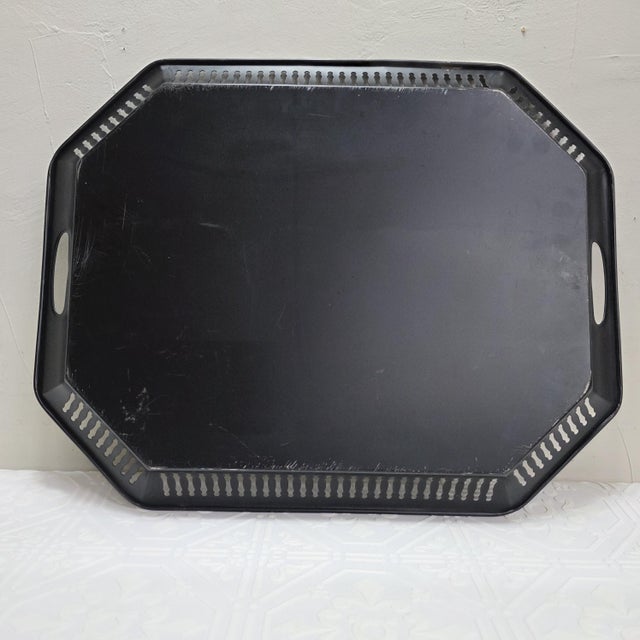 Mid 20th Century Hand Painted Black Floral Tray Vanity Serving Toleware Coffee Table Entryway Decor For Sale - Image 6 of 7