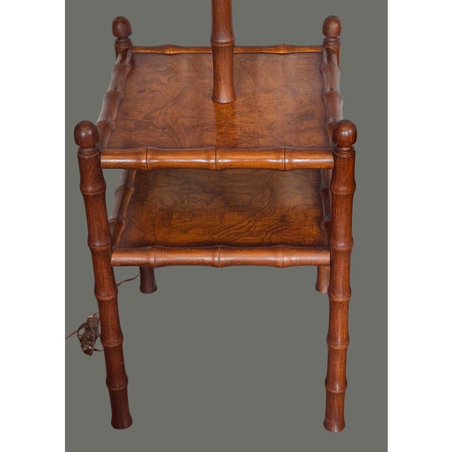 Mid-Century Modern Late 20th Century Faux Bamboo Fruitwood Burlwood Canterbury Style End Table Floor Lamp W/Shade For Sale - Image 3 of 11