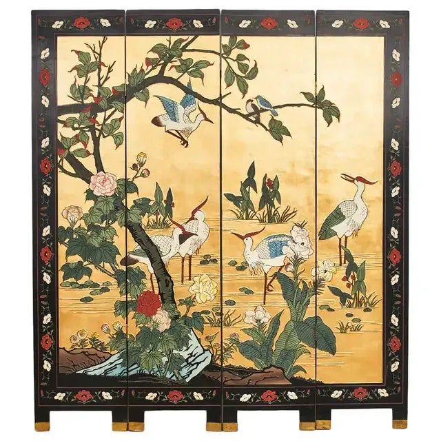 Chinese Export Four Panel Coromandel Screen Cranes on Gold Leaf For Sale - Image 13 of 13
