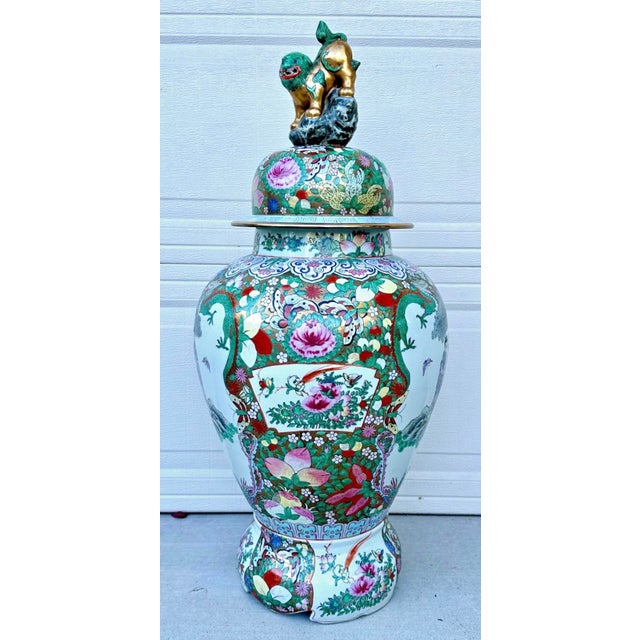 Large Antique Chinese Famille Rose Porcelain Covered Vase with Foo Dog Finial Temple Jar / Ginger Jar / Lidded Urn | Late...