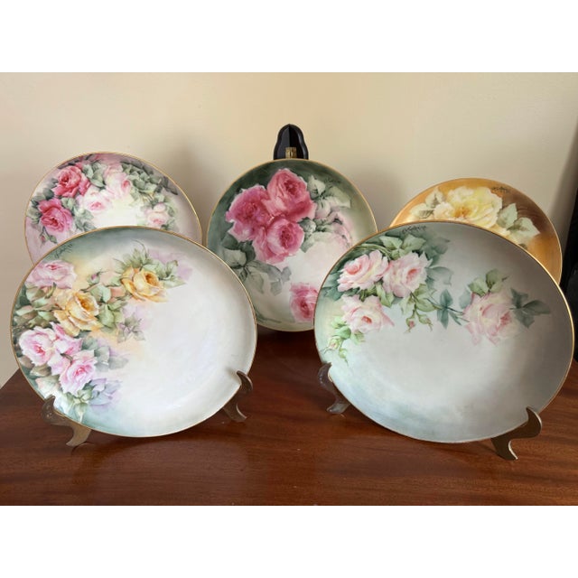 Rare Set of Five Antique Hand-Painted Limoges Rose Cabinet Plates by j.a. Tompkins, C. 1900–1910 For Sale - Image 10 of 12