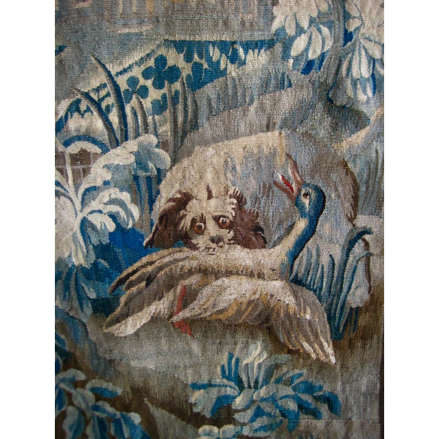 French Aubusson Signed Verdure Dog Hunting a Duck Red Flowers Borders Circa 1700 Hundreds For Sale - Image 6 of 18