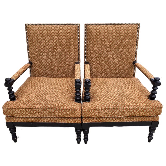 Jacobean Louis XIII Style Bobbin Turned Lounge Armchairs Ebonized Nailhead Pair For Sale - Image 13 of 15